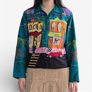Vintage 80s Handmade Storybook Tropical Boutique Silk Art Jacket Cottagecore S